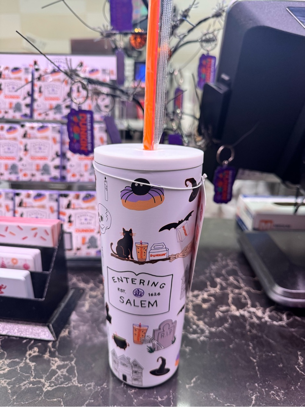 Dunkin entering salem Halloween Salem White Travel Tumbler with Orange Straw